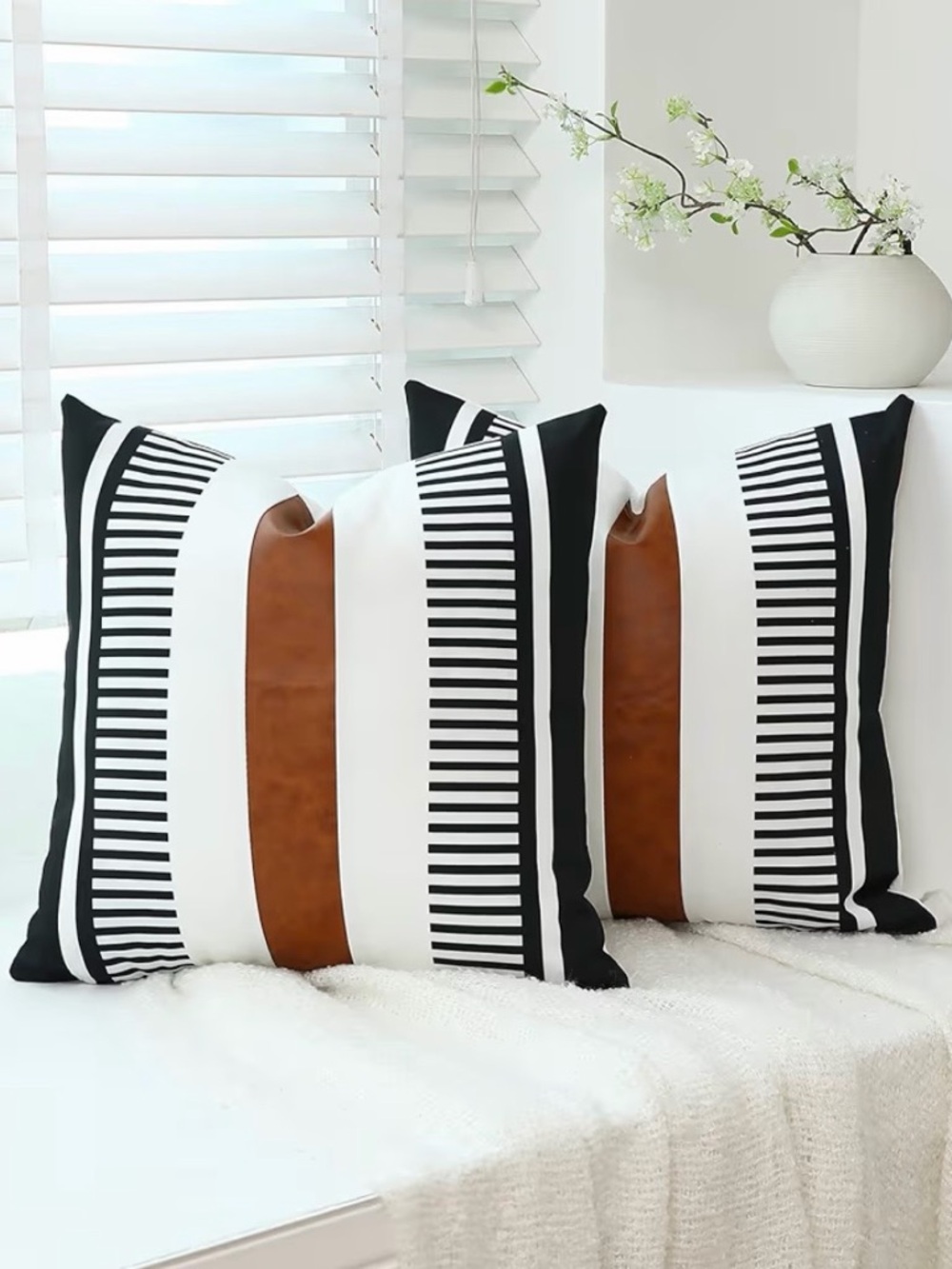 Black, White & Brown Striped Decorative Throw Pillow Covers - Modern Accent